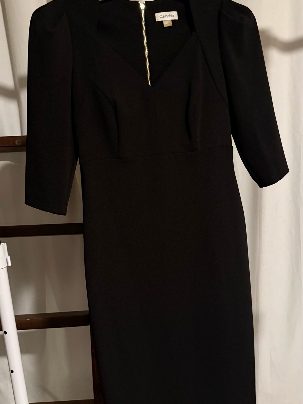 Calvin Klein Black V-Neck Midi Sheath Dress with Zip Back